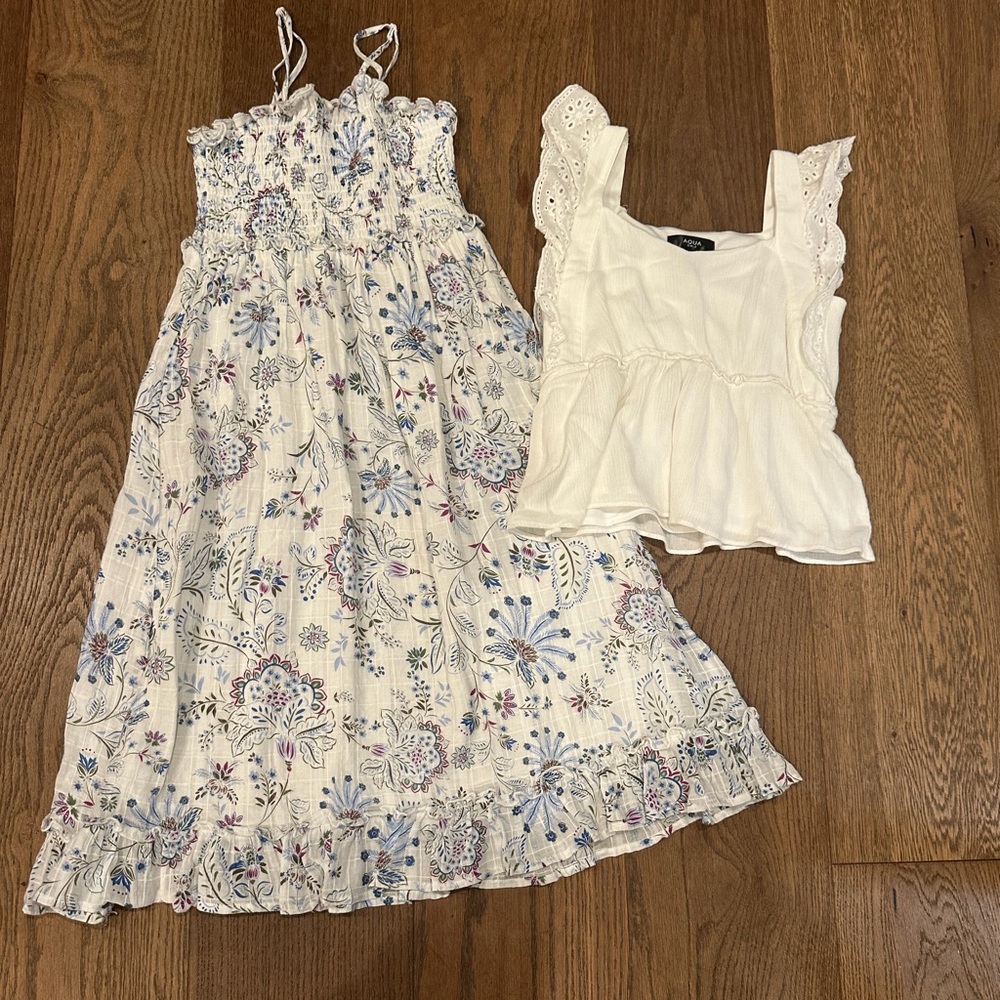 Girls White Floral Smocked Sundress with White Eyelet Top